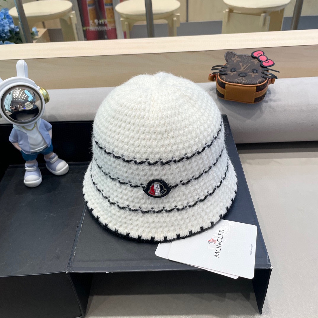   👒蒙‌口Moncler👒法式针织帽女春秋季新款时尚遮阳盆帽条纹防晒帽子水桶编织渔夫帽