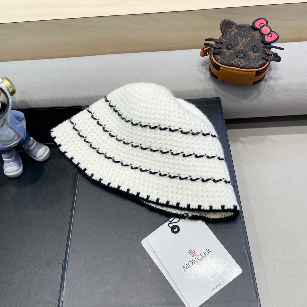   👒蒙‌口Moncler👒法式针织帽女春秋季新款时尚遮阳盆帽条纹防晒帽子水桶编织渔夫帽