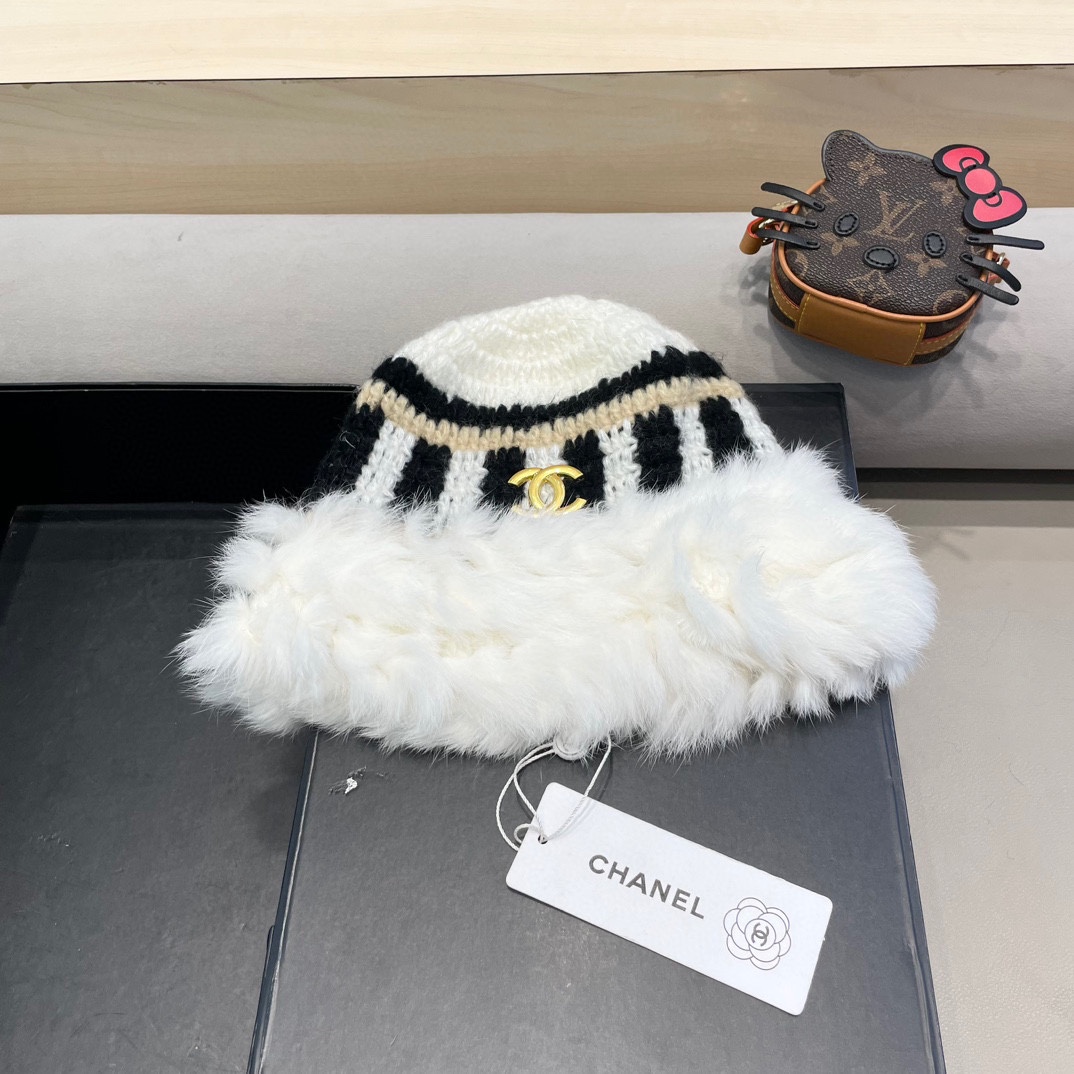   Chanel 兔毛边帽子女新款毛绒绒线帽秋冬保暖韩版百搭可爱休闲渔夫帽盆帽