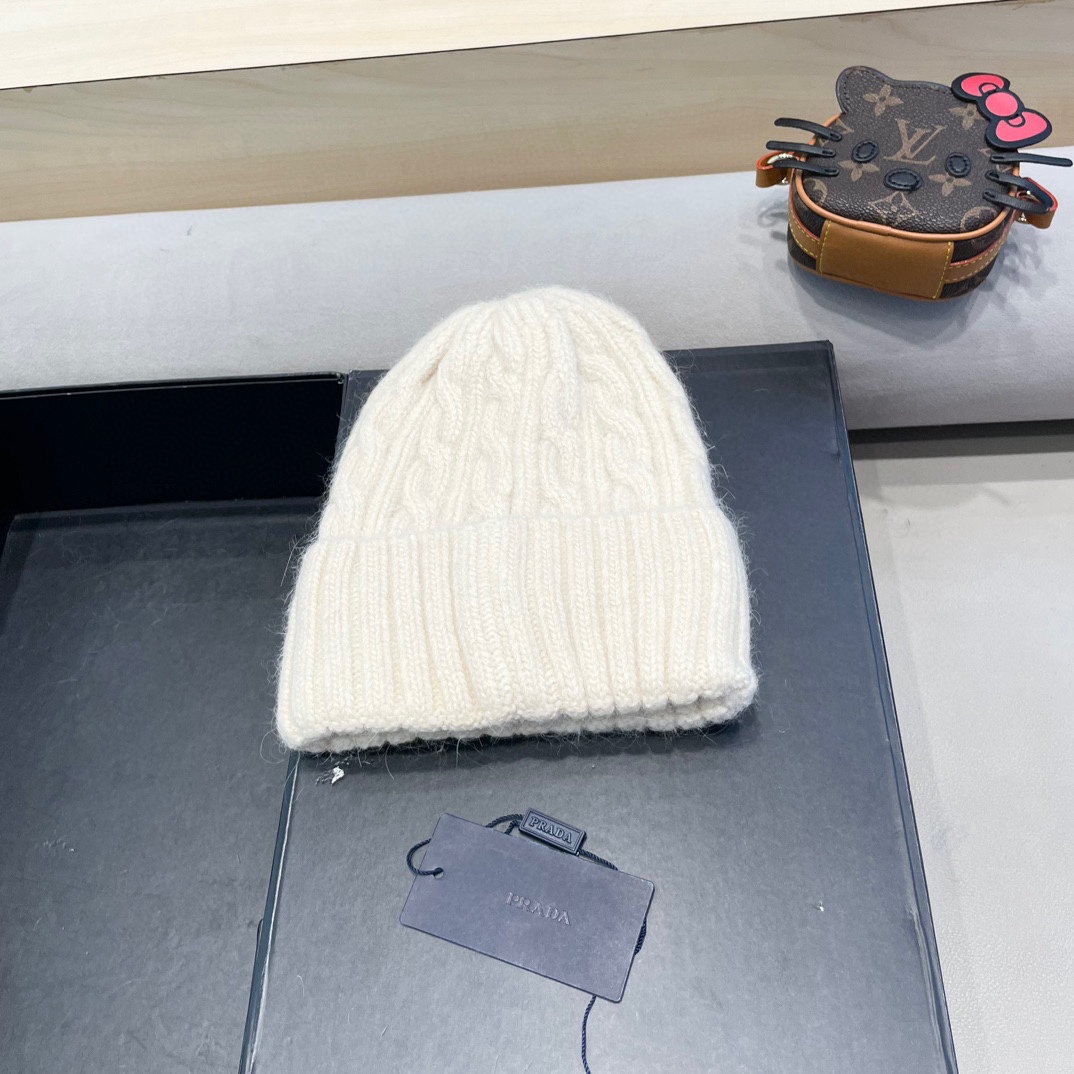  普拉达Prada秋冬韩版百搭兔毛针织帽保暖小头围麻花日系休闲纯色复古毛线帽潮