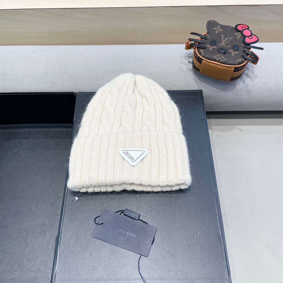  普拉达Prada秋冬韩版百搭兔毛针织帽保暖小头围麻花日系休闲纯色复古毛线帽潮