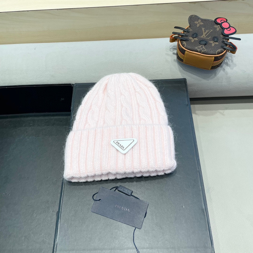  普拉达Prada秋冬韩版百搭兔毛针织帽保暖小头围麻花日系休闲纯色复古毛线帽潮