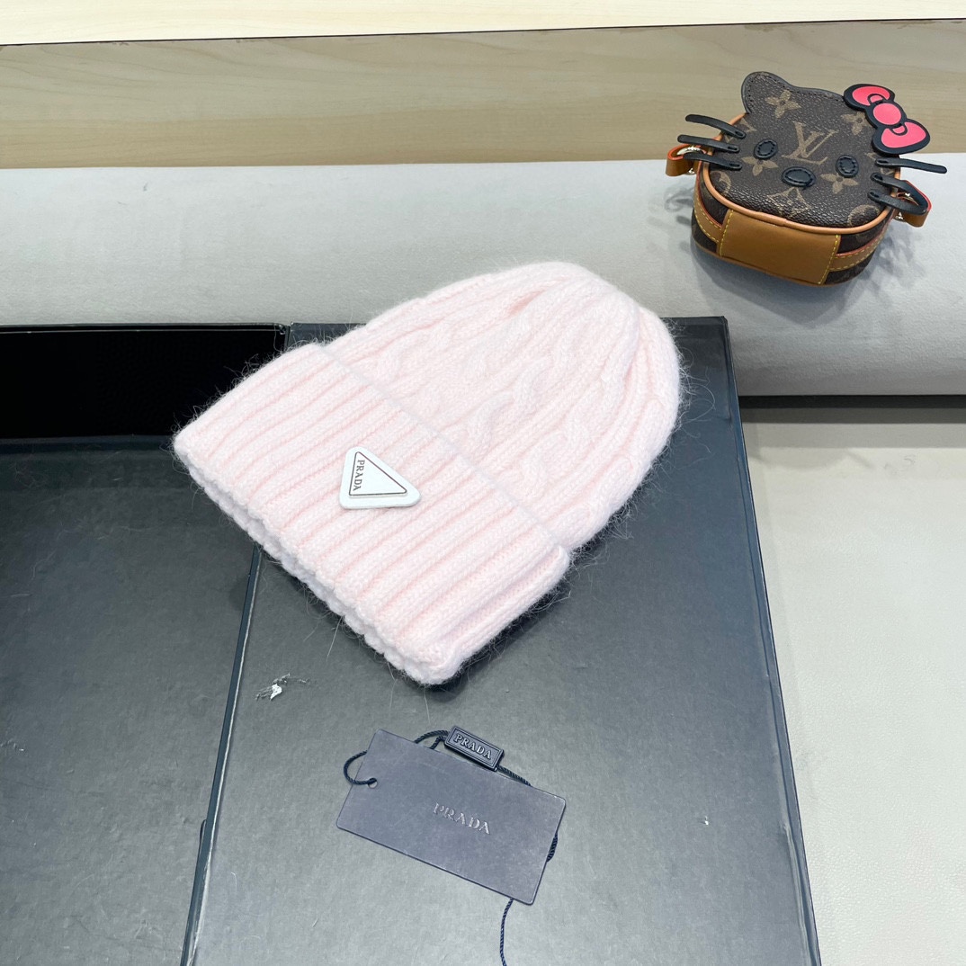  普拉达Prada秋冬韩版百搭兔毛针织帽保暖小头围麻花日系休闲纯色复古毛线帽潮