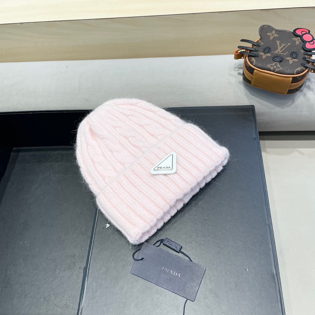  普拉达Prada秋冬韩版百搭兔毛针织帽保暖小头围麻花日系休闲纯色复古毛线帽潮