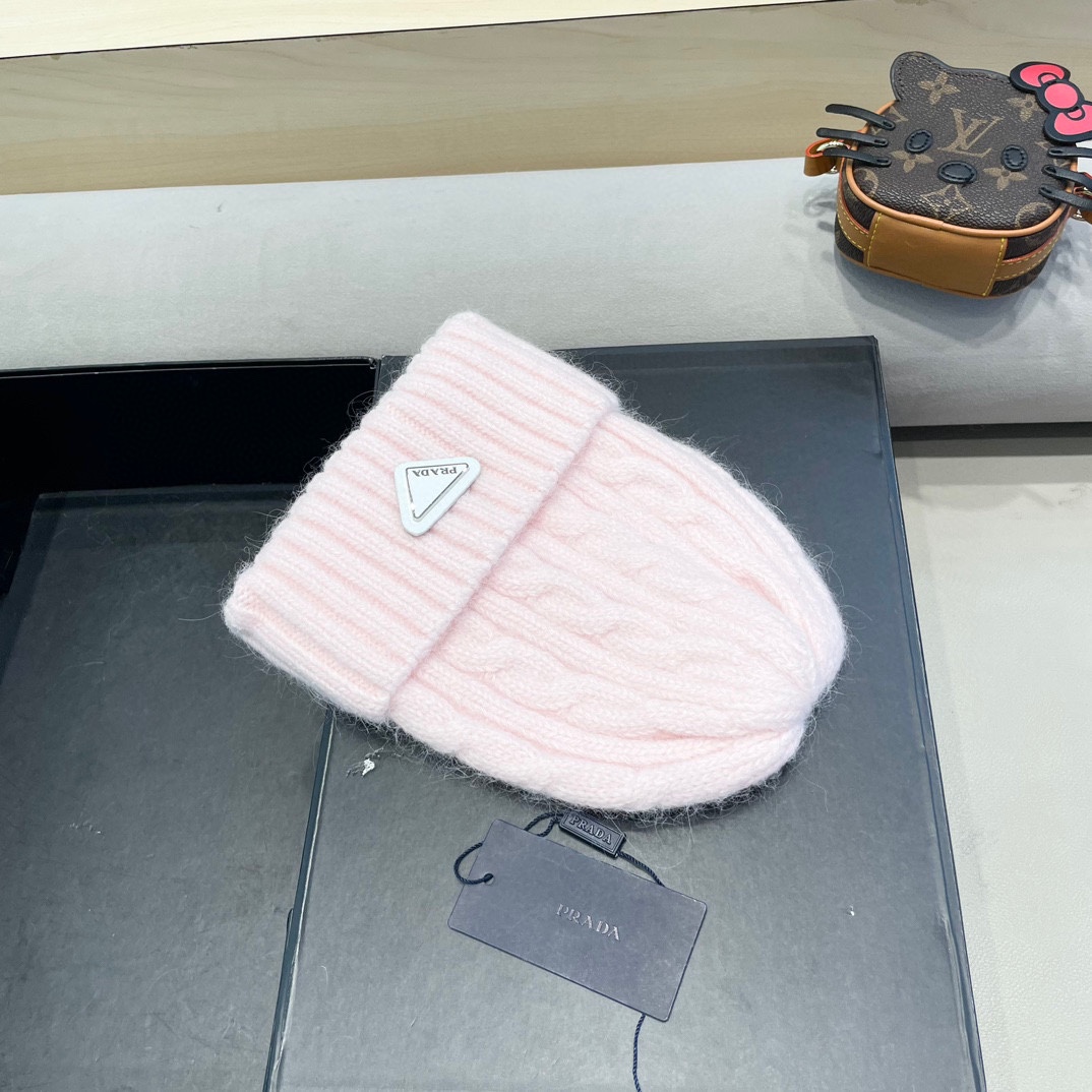 普拉达Prada秋冬韩版百搭兔毛针织帽保暖小头围麻花日系休闲纯色复古毛线帽潮
