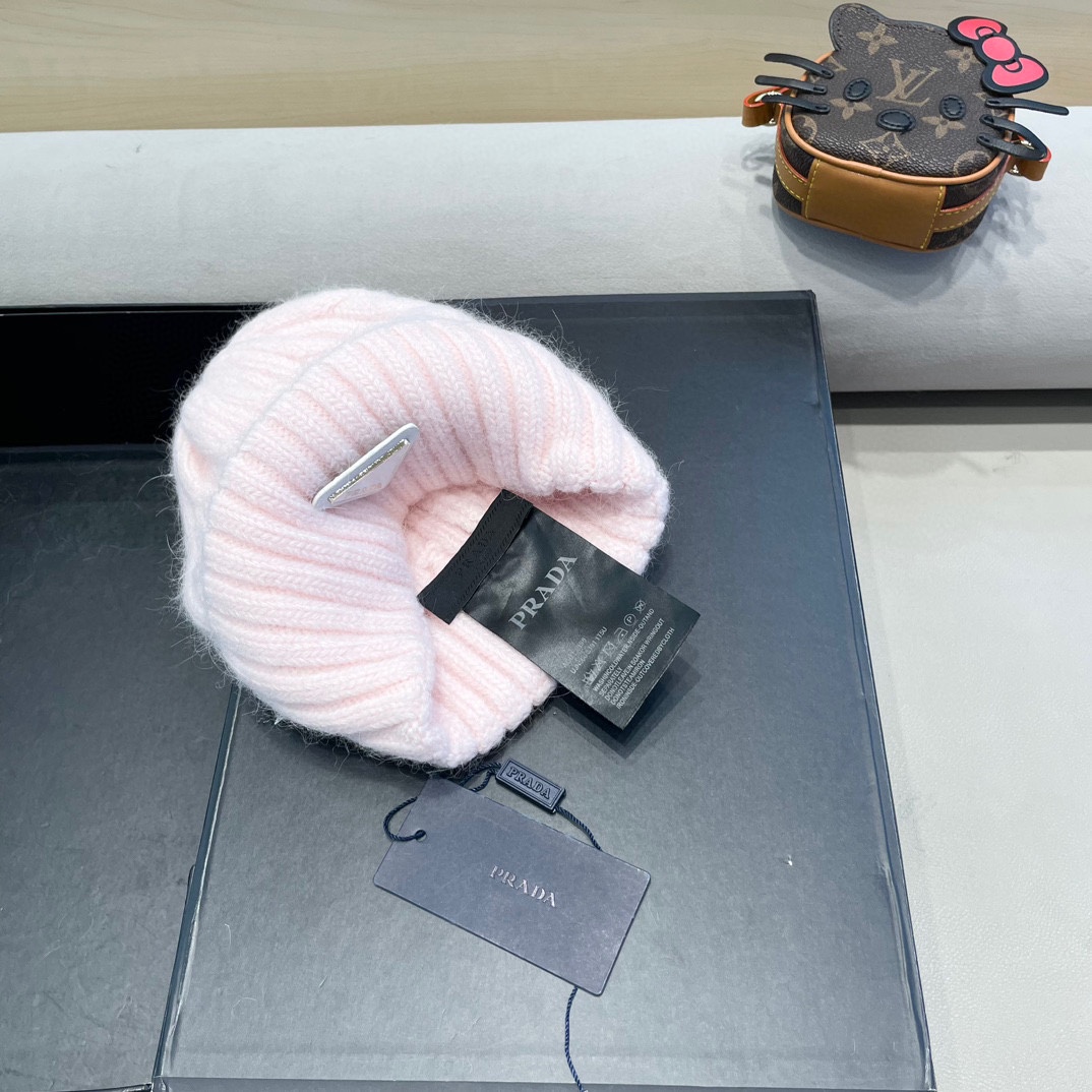  普拉达Prada秋冬韩版百搭兔毛针织帽保暖小头围麻花日系休闲纯色复古毛线帽潮