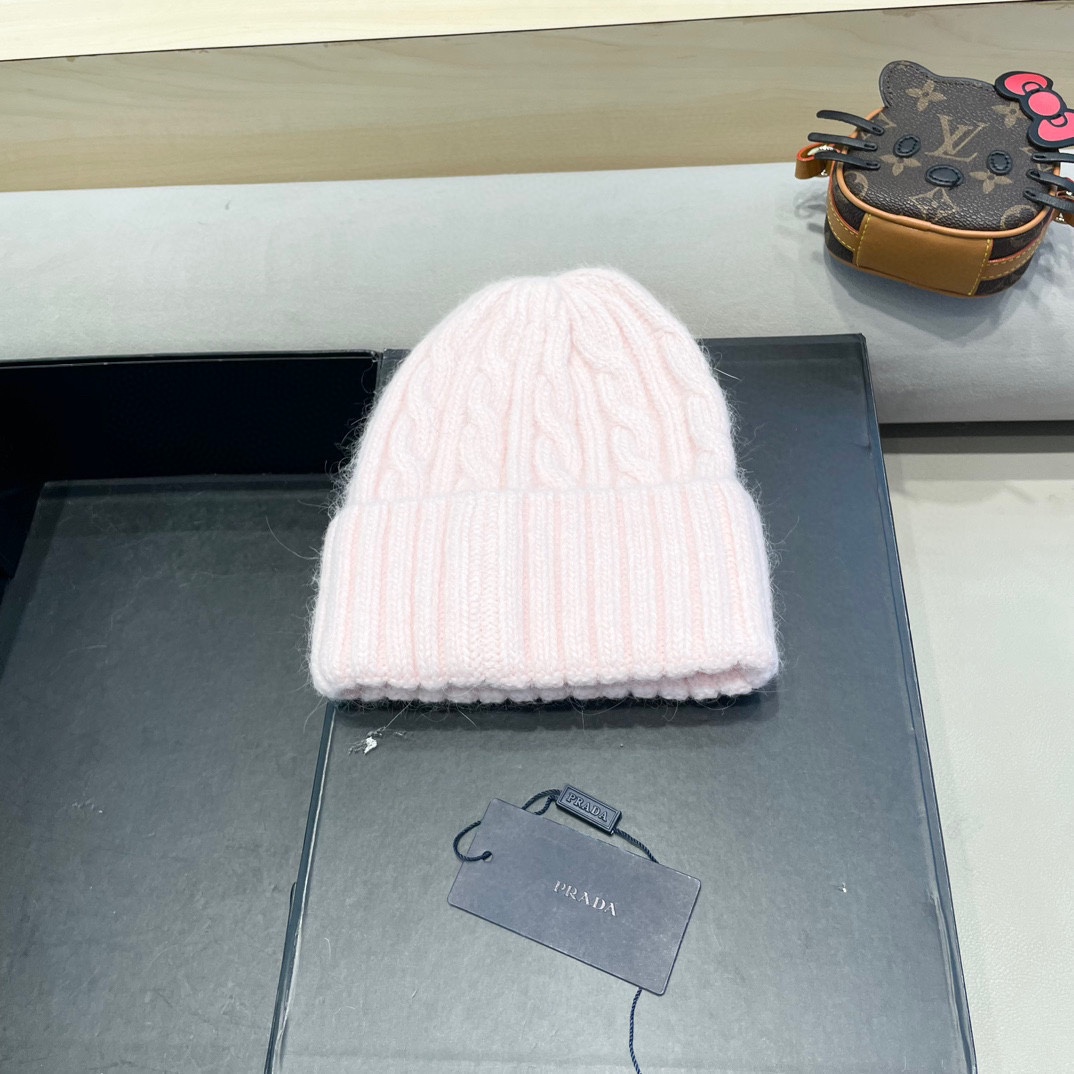  普拉达Prada秋冬韩版百搭兔毛针织帽保暖小头围麻花日系休闲纯色复古毛线帽潮