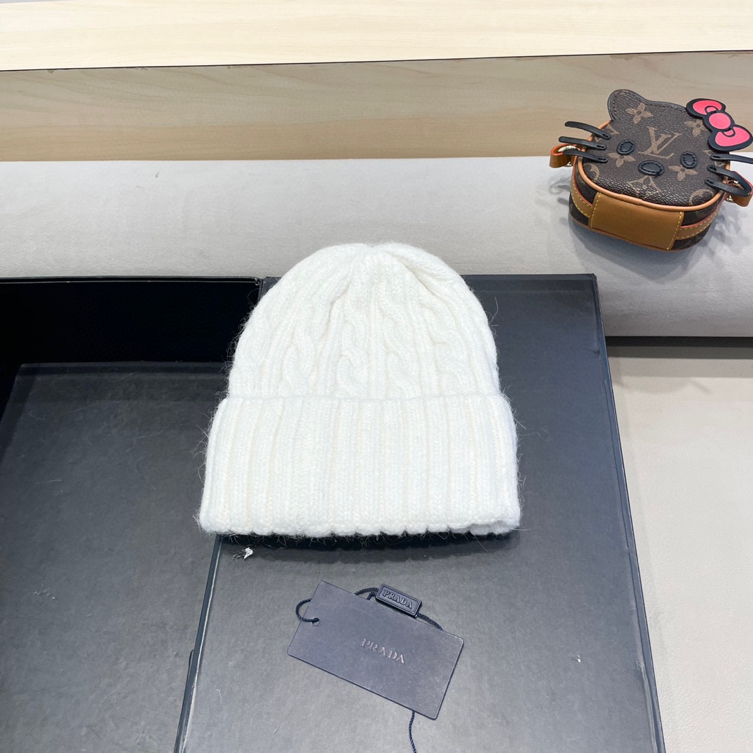  普拉达Prada秋冬韩版百搭兔毛针织帽保暖小头围麻花日系休闲纯色复古毛线帽潮