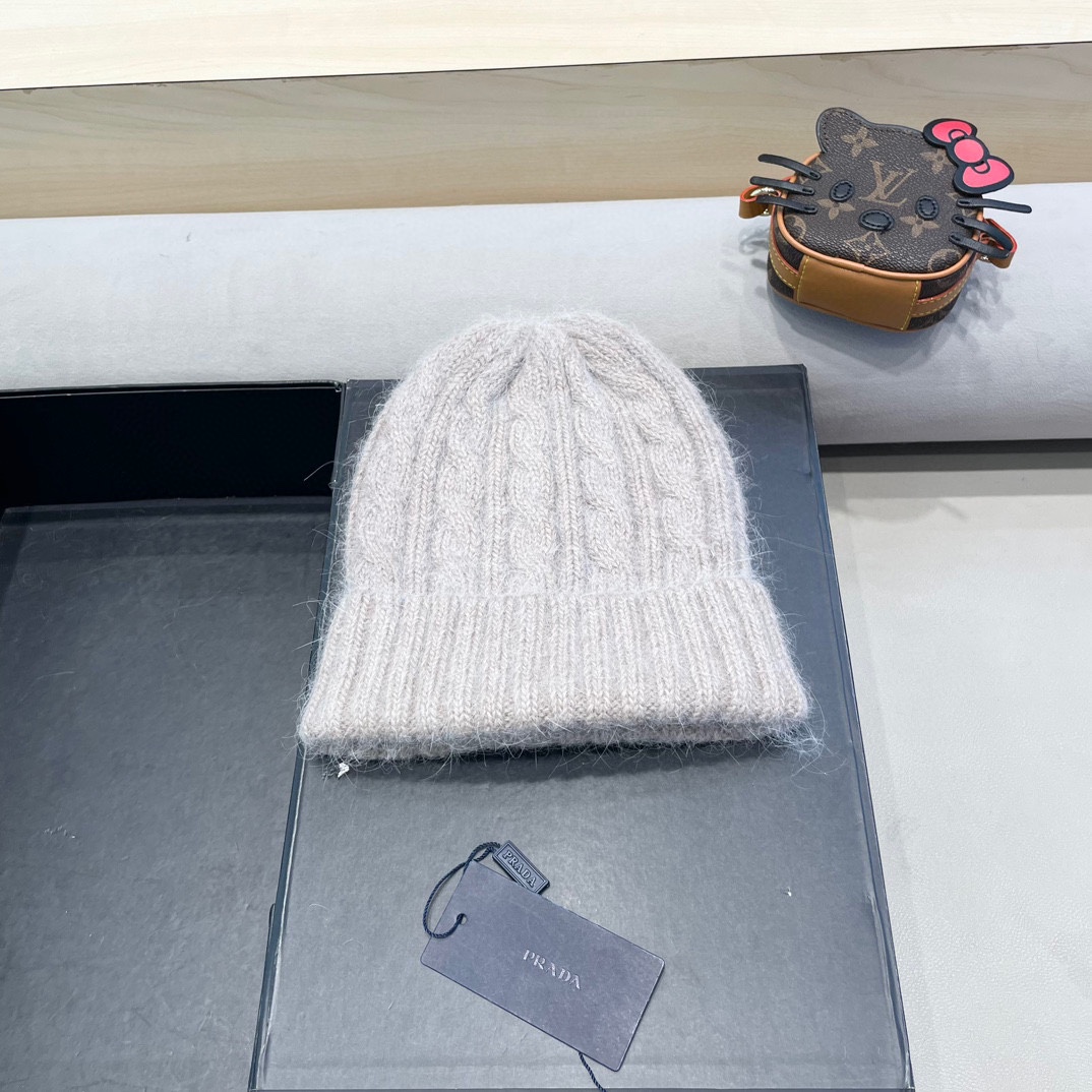  普拉达Prada秋冬韩版百搭兔毛针织帽保暖小头围麻花日系休闲纯色复古毛线帽潮