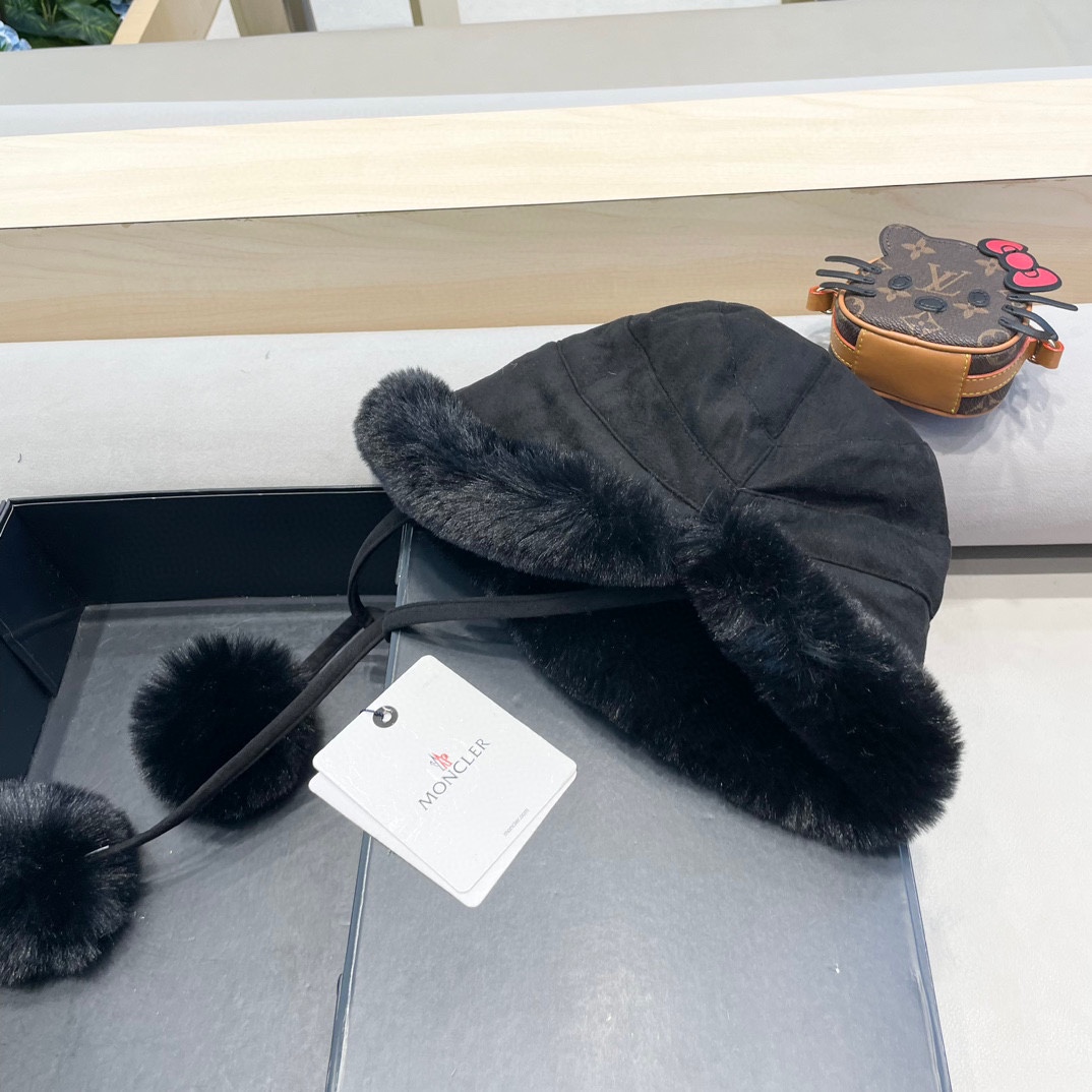  moncler潮牌蒙口凌誉麂皮绒球球渔夫帽加厚加绒保暖百搭滑雪护耳雷锋帽