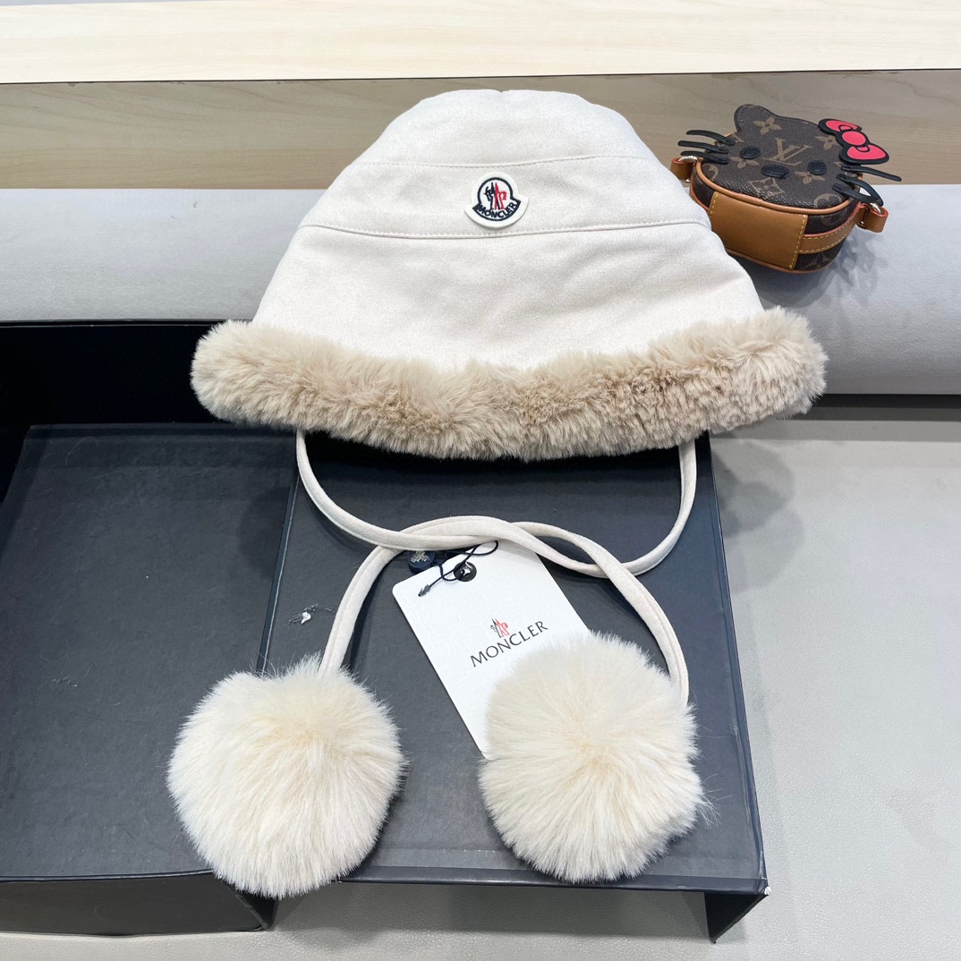  moncler潮牌蒙口凌誉麂皮绒球球渔夫帽加厚加绒保暖百搭滑雪护耳雷锋帽