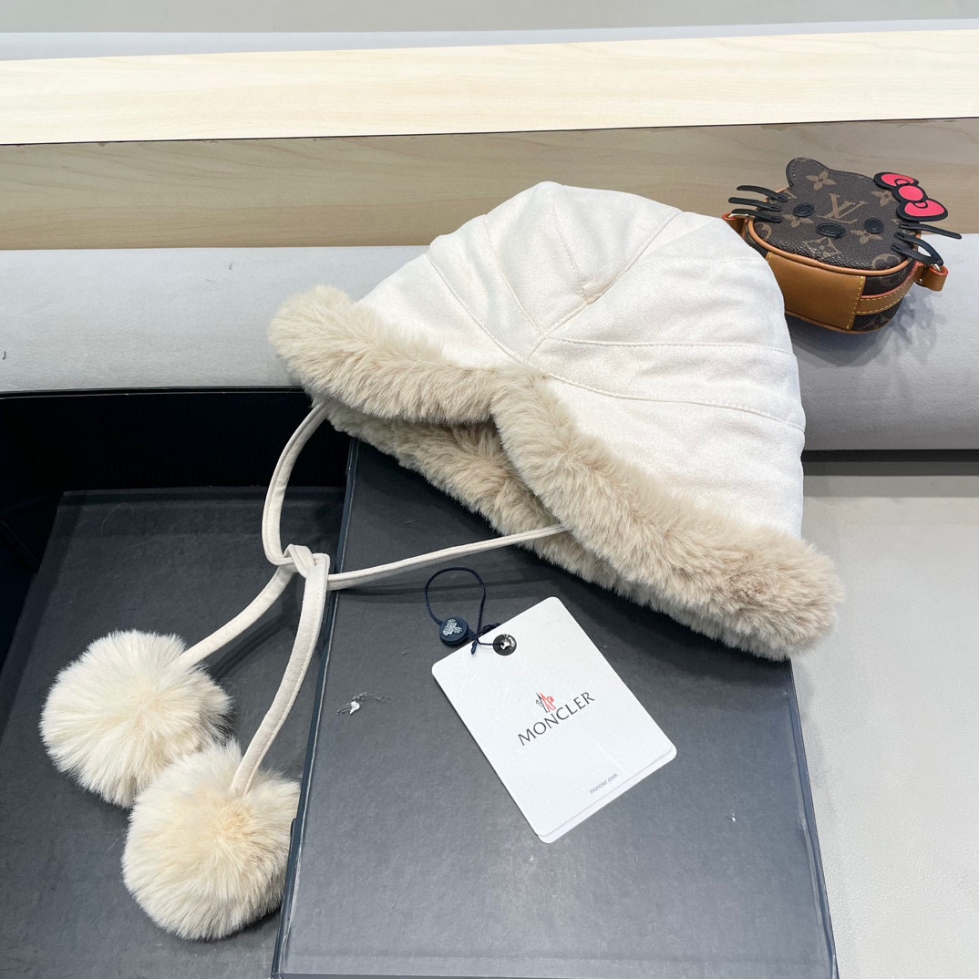  moncler潮牌蒙口凌誉麂皮绒球球渔夫帽加厚加绒保暖百搭滑雪护耳雷锋帽