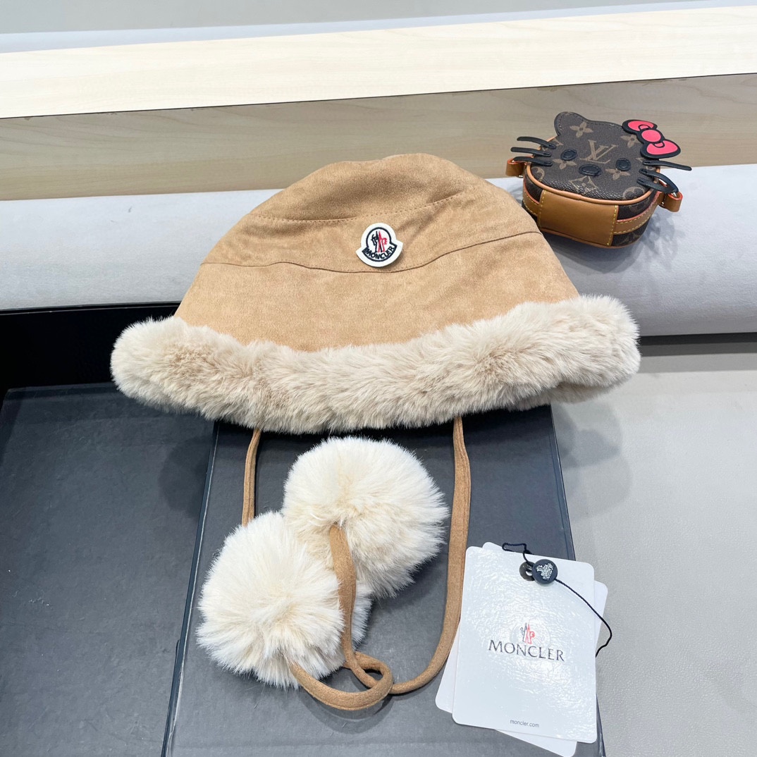  moncler潮牌蒙口凌誉麂皮绒球球渔夫帽加厚加绒保暖百搭滑雪护耳雷锋帽