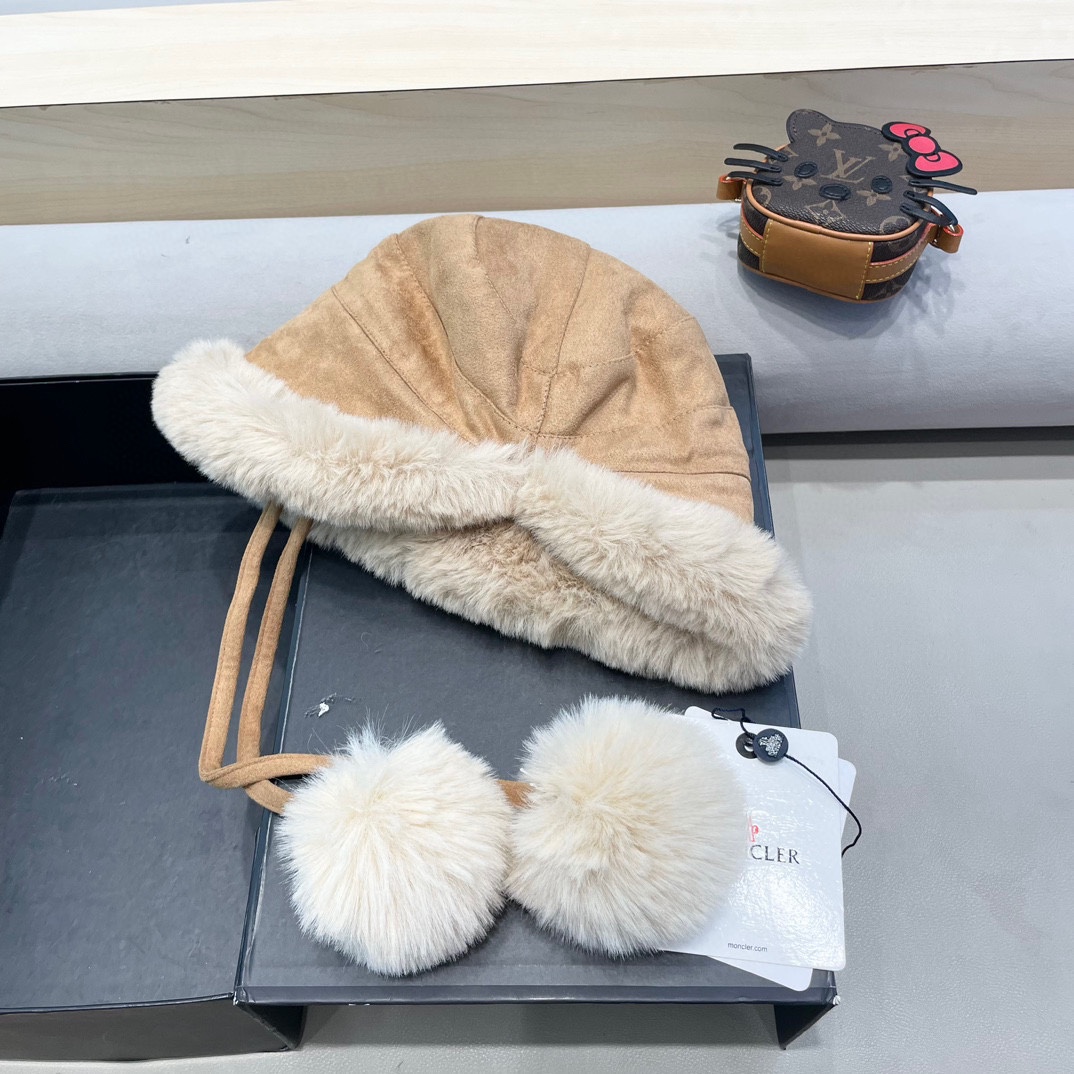  moncler潮牌蒙口凌誉麂皮绒球球渔夫帽加厚加绒保暖百搭滑雪护耳雷锋帽