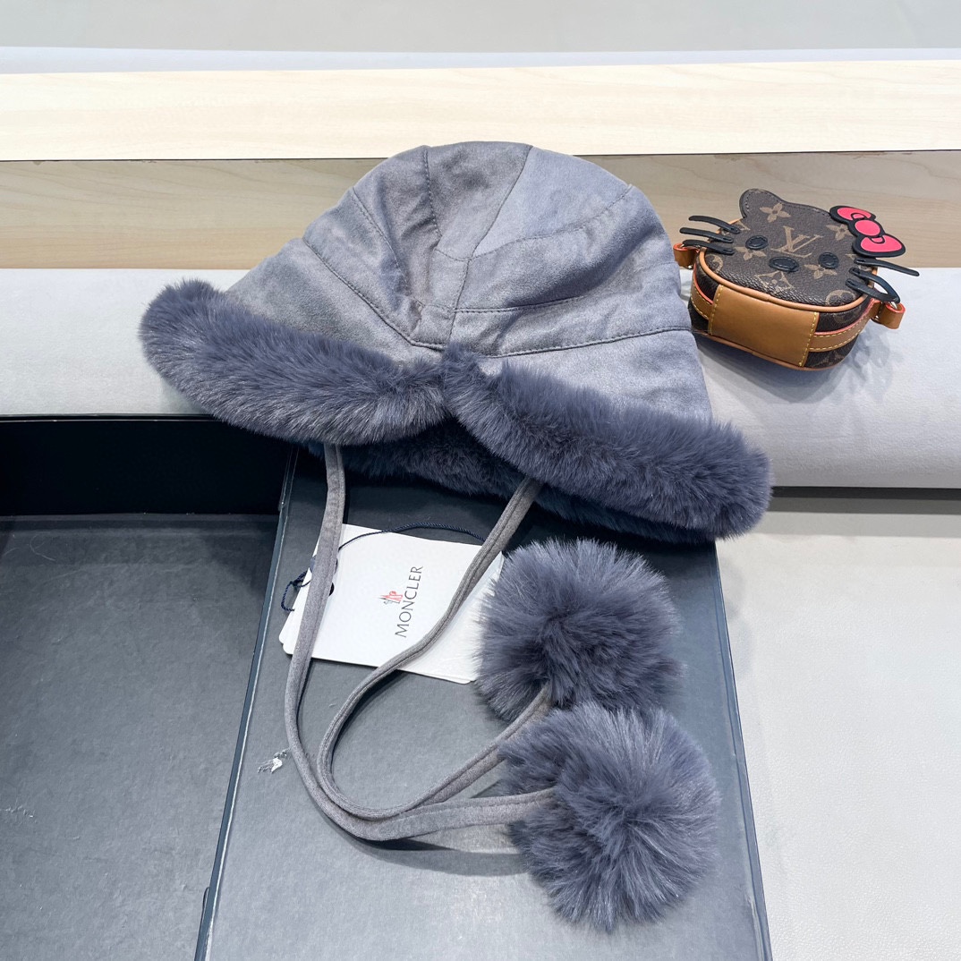  moncler潮牌蒙口凌誉麂皮绒球球渔夫帽加厚加绒保暖百搭滑雪护耳雷锋帽