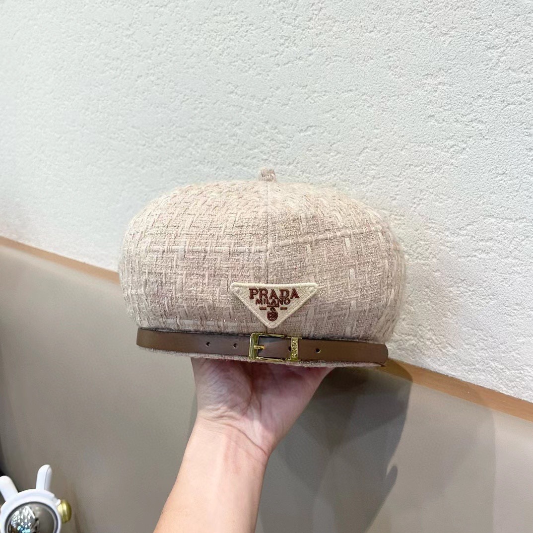  PRADA普拉达贝雷帽女秋冬圆脸显脸小蓓蕾帽网红潮日系复古休闲百搭画家帽