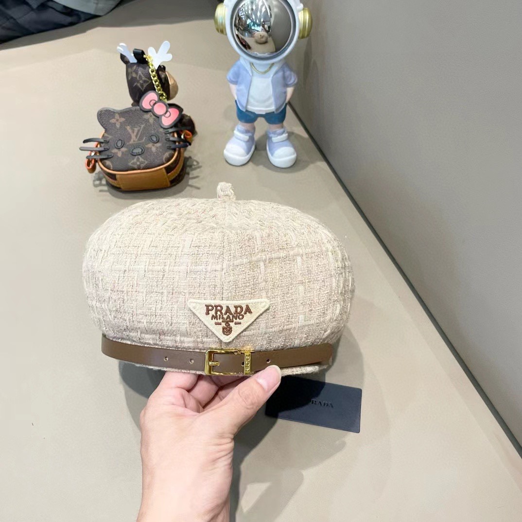  PRADA普拉达贝雷帽女秋冬圆脸显脸小蓓蕾帽网红潮日系复古休闲百搭画家帽