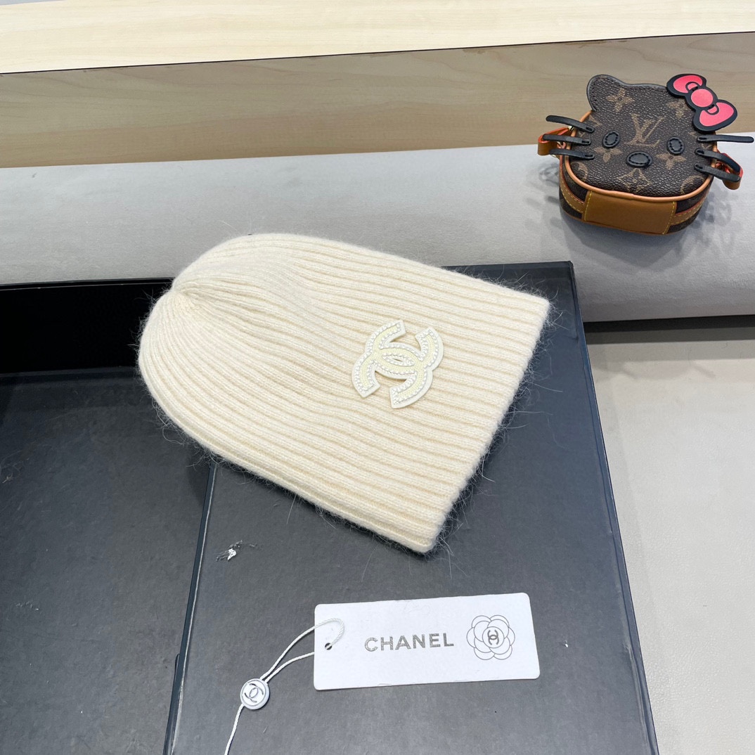  Chanel 简约百搭兔毛绒针织帽子女秋冬季防寒保暖堆堆帽冷帽大头围毛线帽