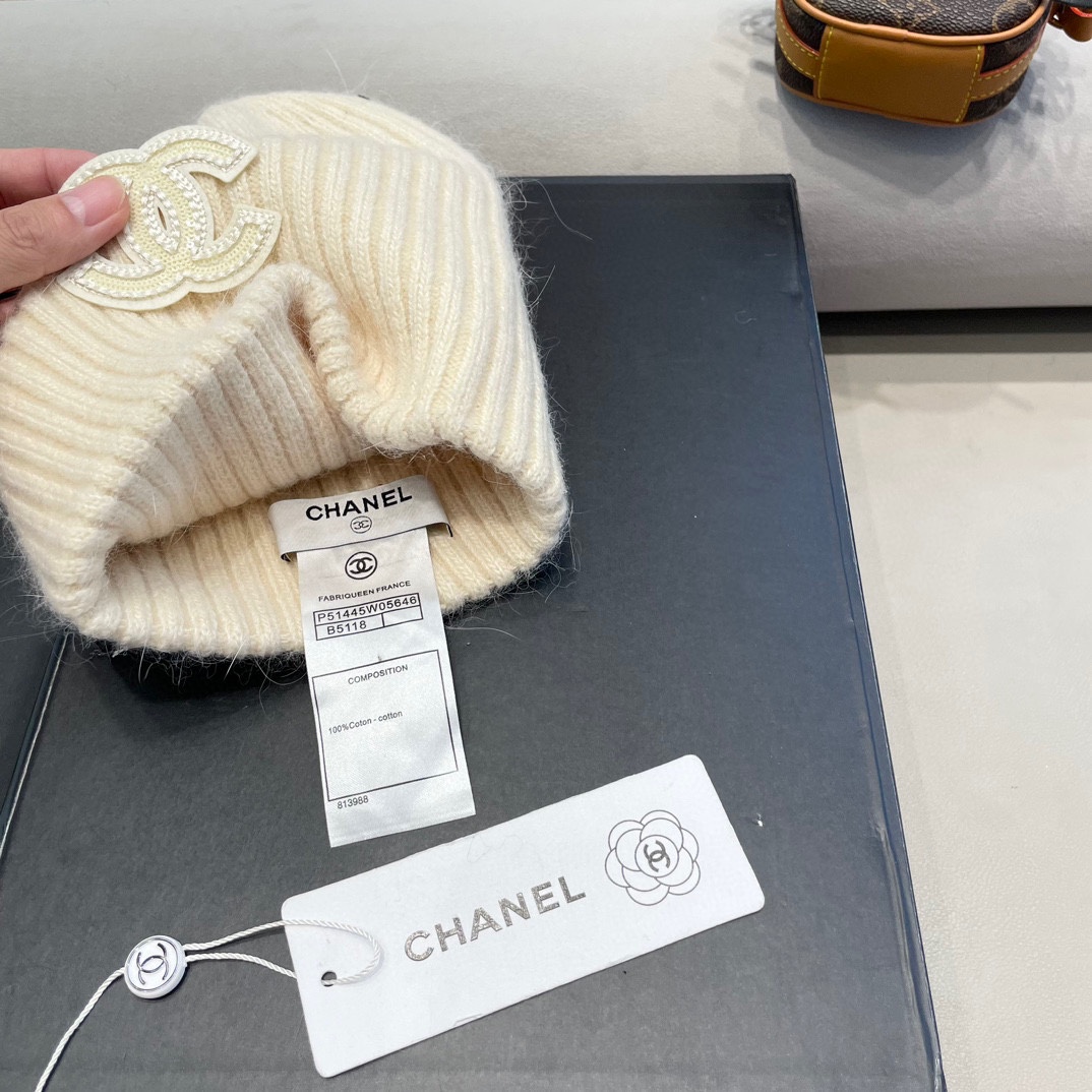  Chanel 简约百搭兔毛绒针织帽子女秋冬季防寒保暖堆堆帽冷帽大头围毛线帽