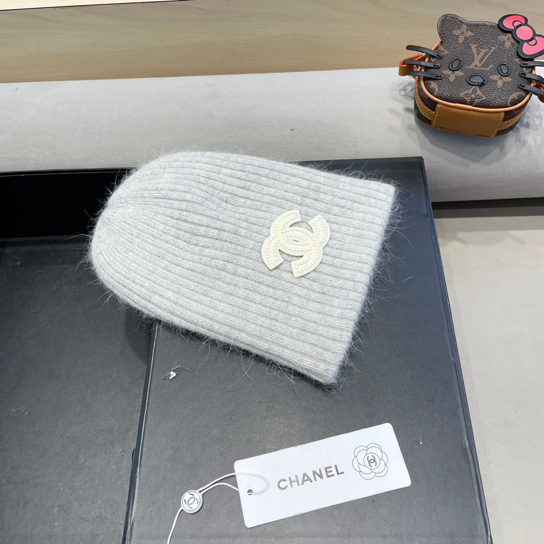  Chanel 简约百搭兔毛绒针织帽子女秋冬季防寒保暖堆堆帽冷帽大头围毛线帽