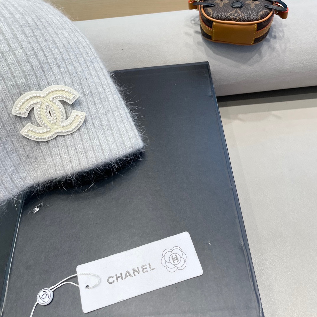  Chanel 简约百搭兔毛绒针织帽子女秋冬季防寒保暖堆堆帽冷帽大头围毛线帽