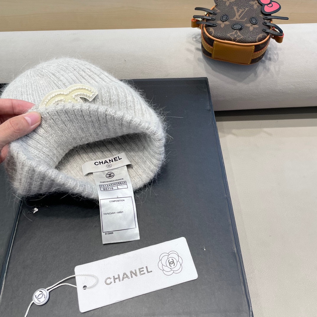  Chanel 简约百搭兔毛绒针织帽子女秋冬季防寒保暖堆堆帽冷帽大头围毛线帽