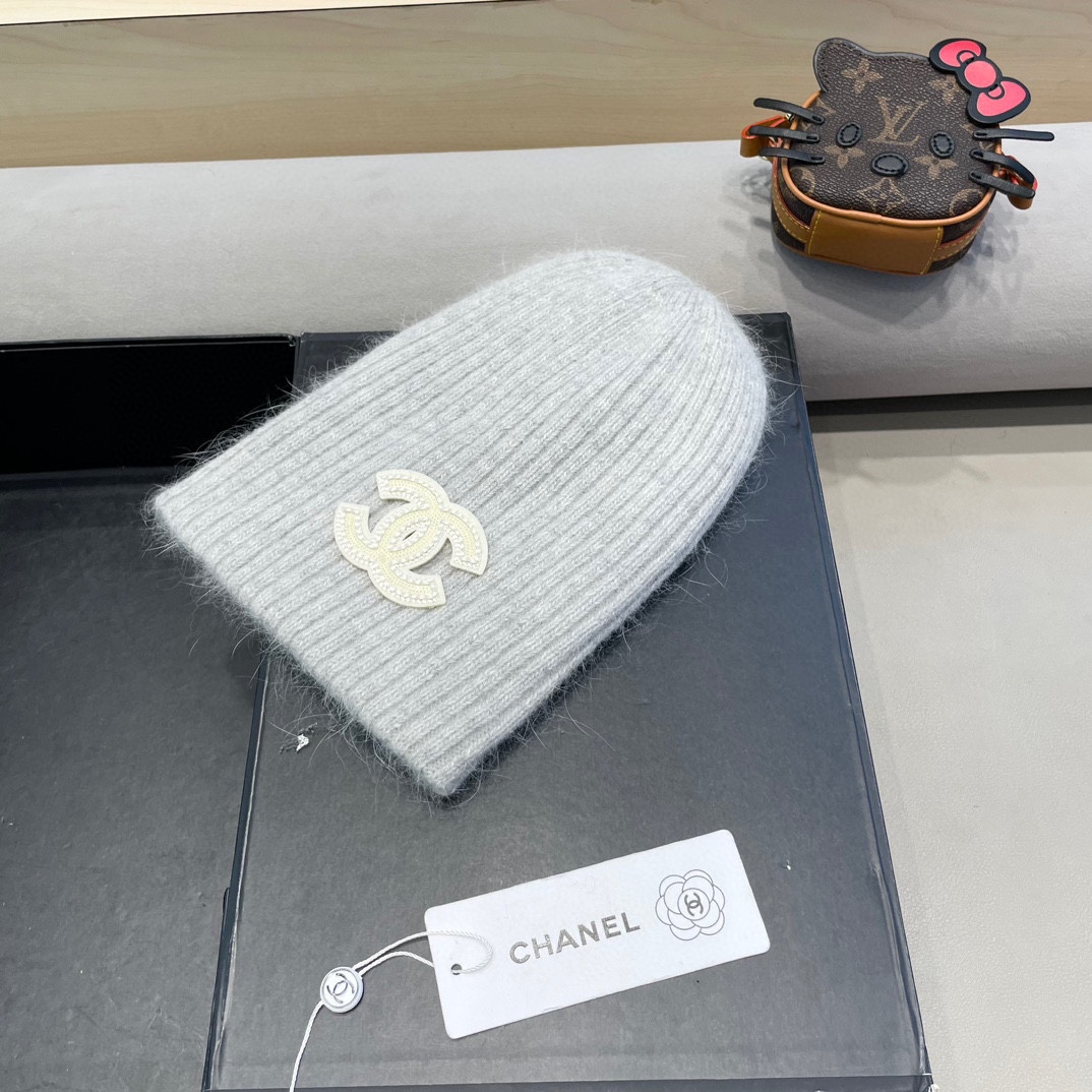  Chanel 简约百搭兔毛绒针织帽子女秋冬季防寒保暖堆堆帽冷帽大头围毛线帽