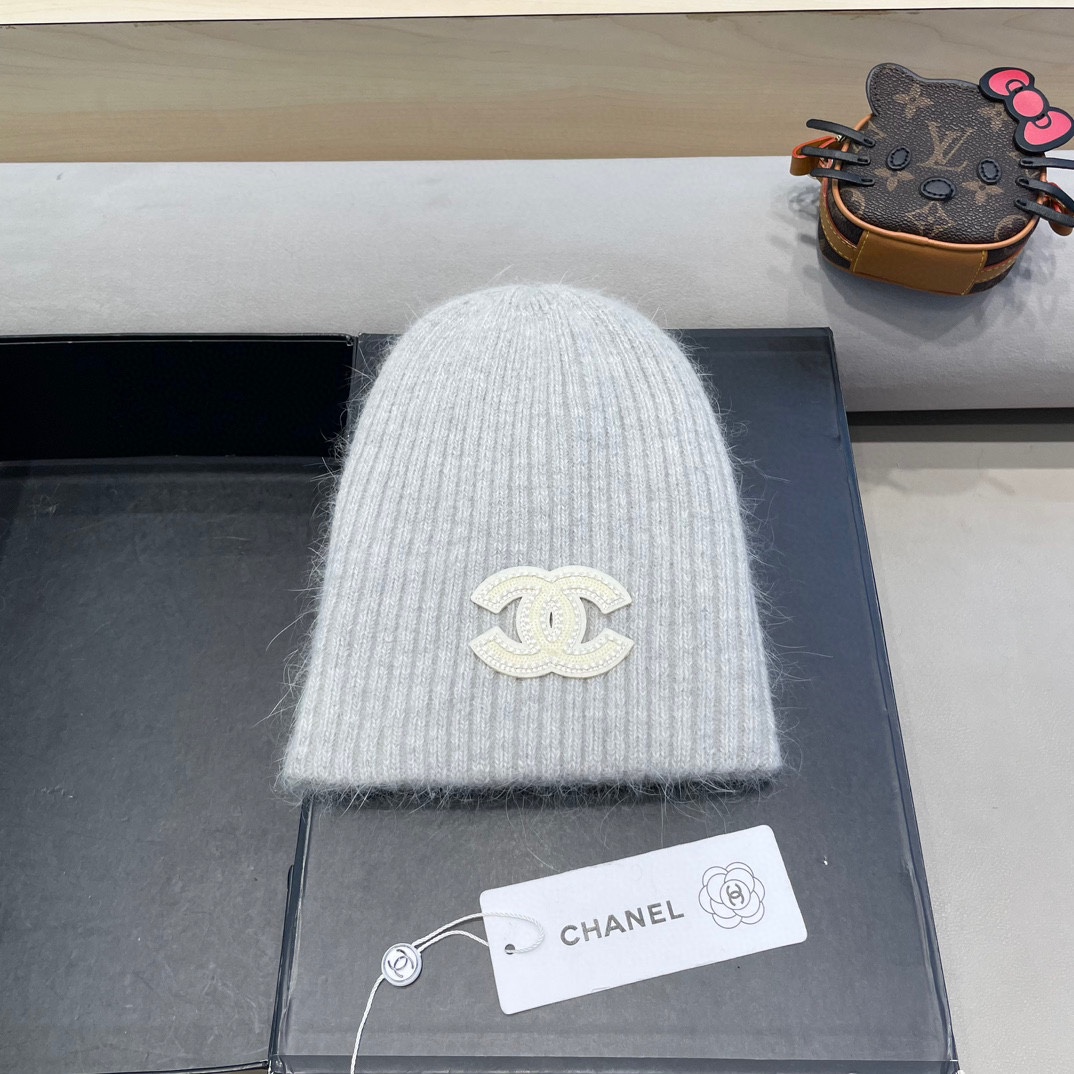  Chanel 简约百搭兔毛绒针织帽子女秋冬季防寒保暖堆堆帽冷帽大头围毛线帽
