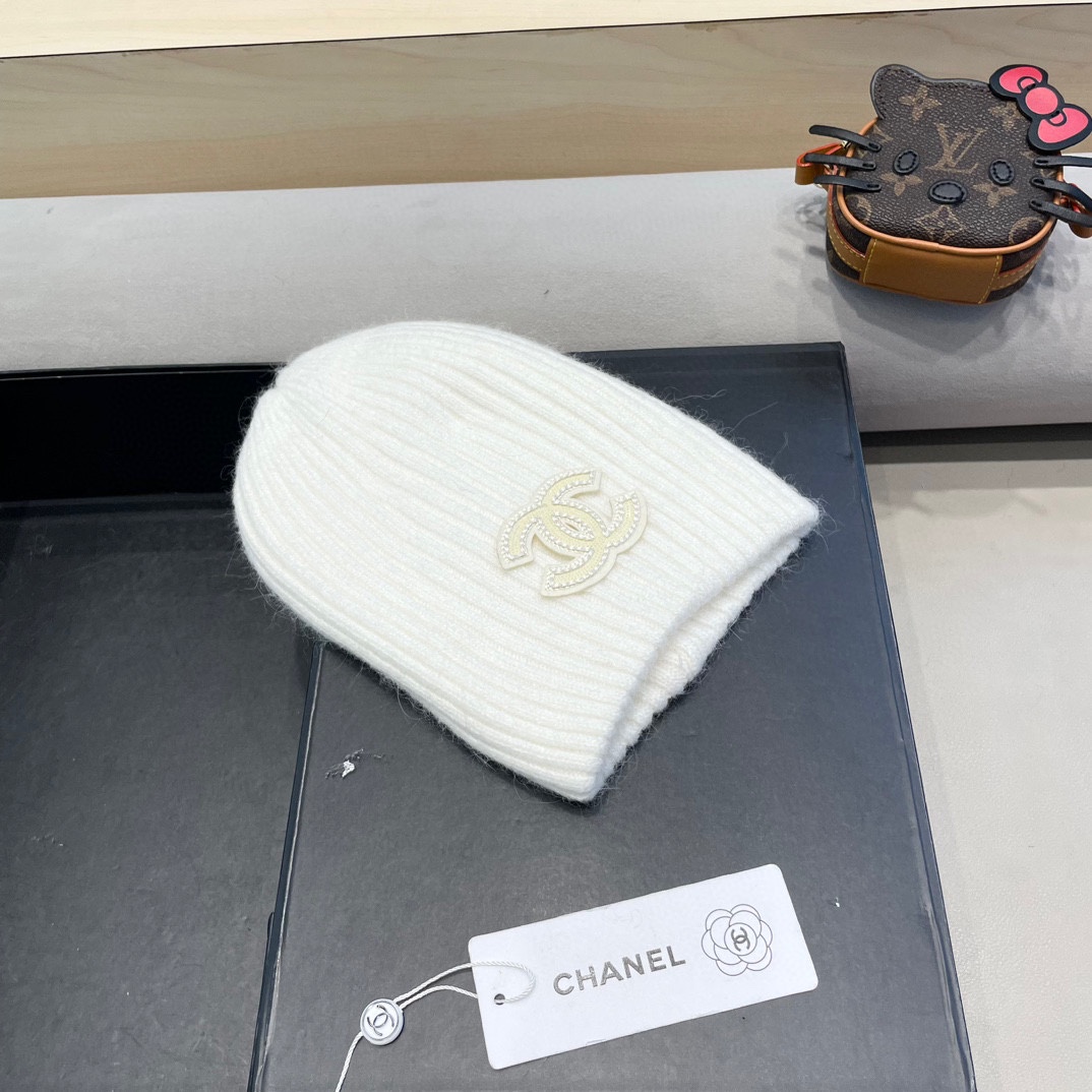  Chanel 简约百搭兔毛绒针织帽子女秋冬季防寒保暖堆堆帽冷帽大头围毛线帽