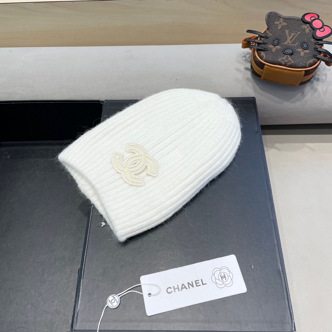  Chanel 简约百搭兔毛绒针织帽子女秋冬季防寒保暖堆堆帽冷帽大头围毛线帽