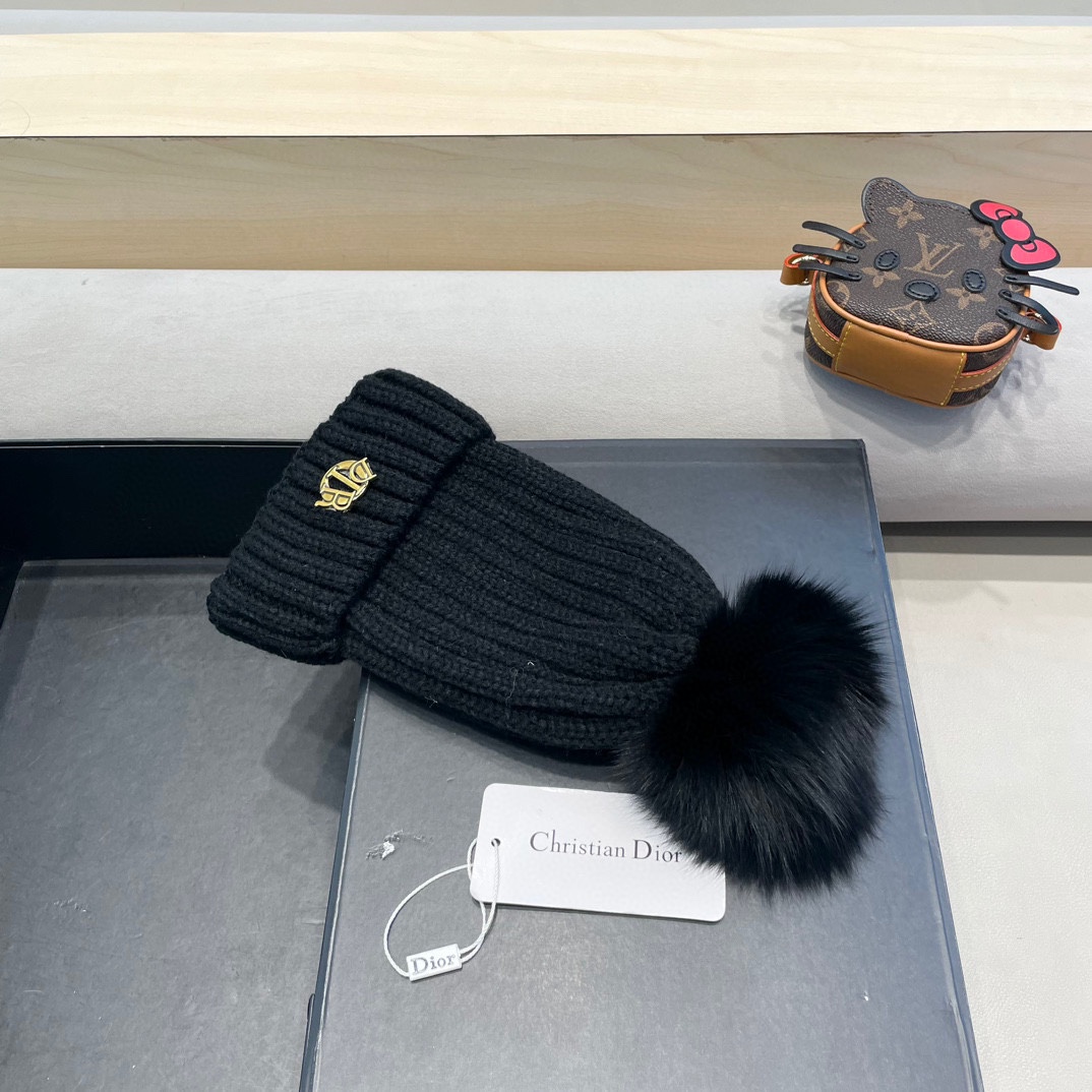 moncler针织帽秋冬新款帽子女士毛线帽仿狐狸毛球球帽假毛球加厚保暖帽子