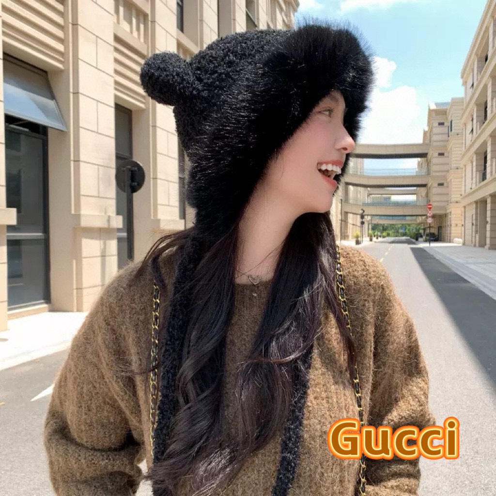  Gucci 可爱小熊耳朵百搭纯色保暖显脸小女款冬季时尚保暖防寒新款毛绒帽