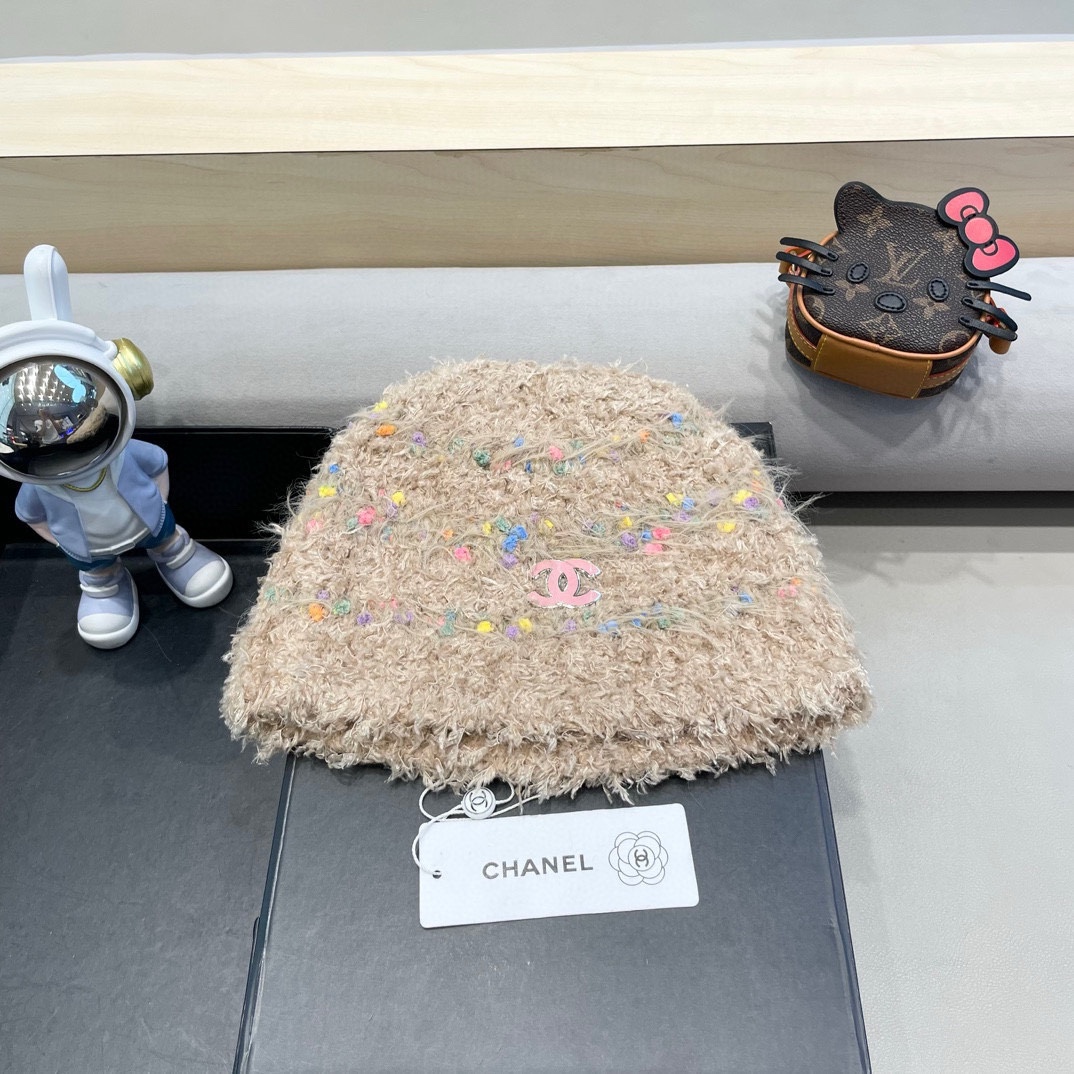  Chanel香奈儿加绒秋冬季毛线帽女款彩虹糖豆豆渔夫帽加厚包头护耳保暖针织帽
