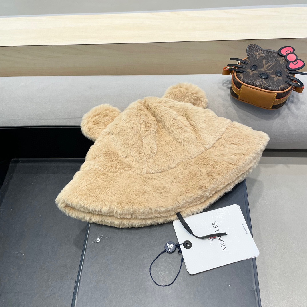 moncler爱心毛绒渔夫帽女秋冬保暖百搭耳朵盆帽加绒加厚百搭仿小兔毛韩版
