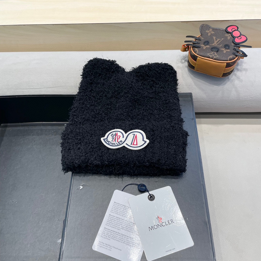 moncler蒙口可爱小熊耳朵毛绒帽子女秋冬季保暖护耳加绒加厚针织毛线套头冷帽