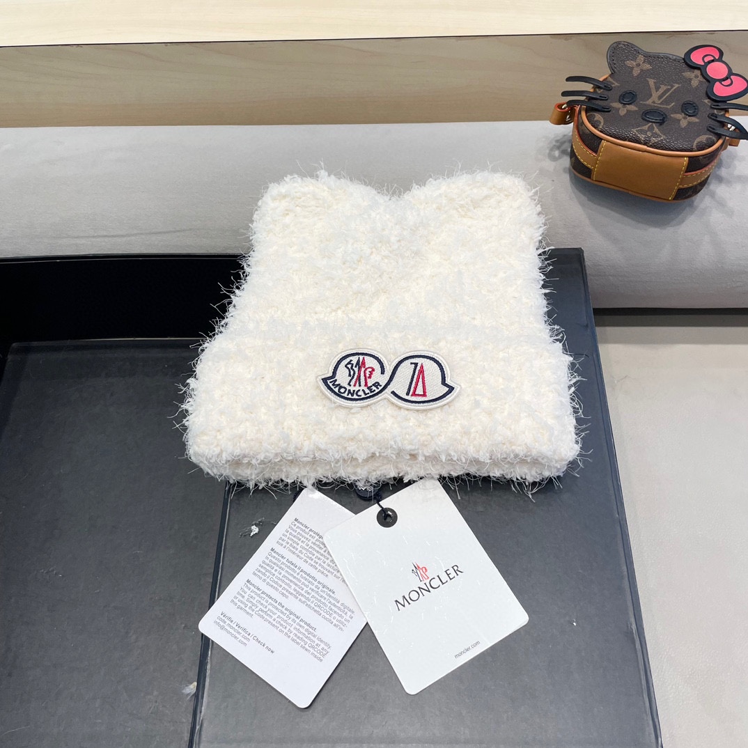 moncler蒙口可爱小熊耳朵毛绒帽子女秋冬季保暖护耳加绒加厚针织毛线套头冷帽