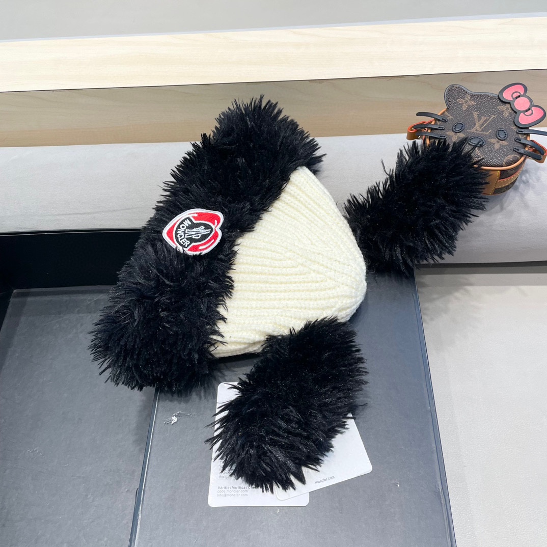 蒙口moncler可爱小狗耳朵毛绒针织毛线帽子女冬季加绒加厚保暖百搭护耳套头帽