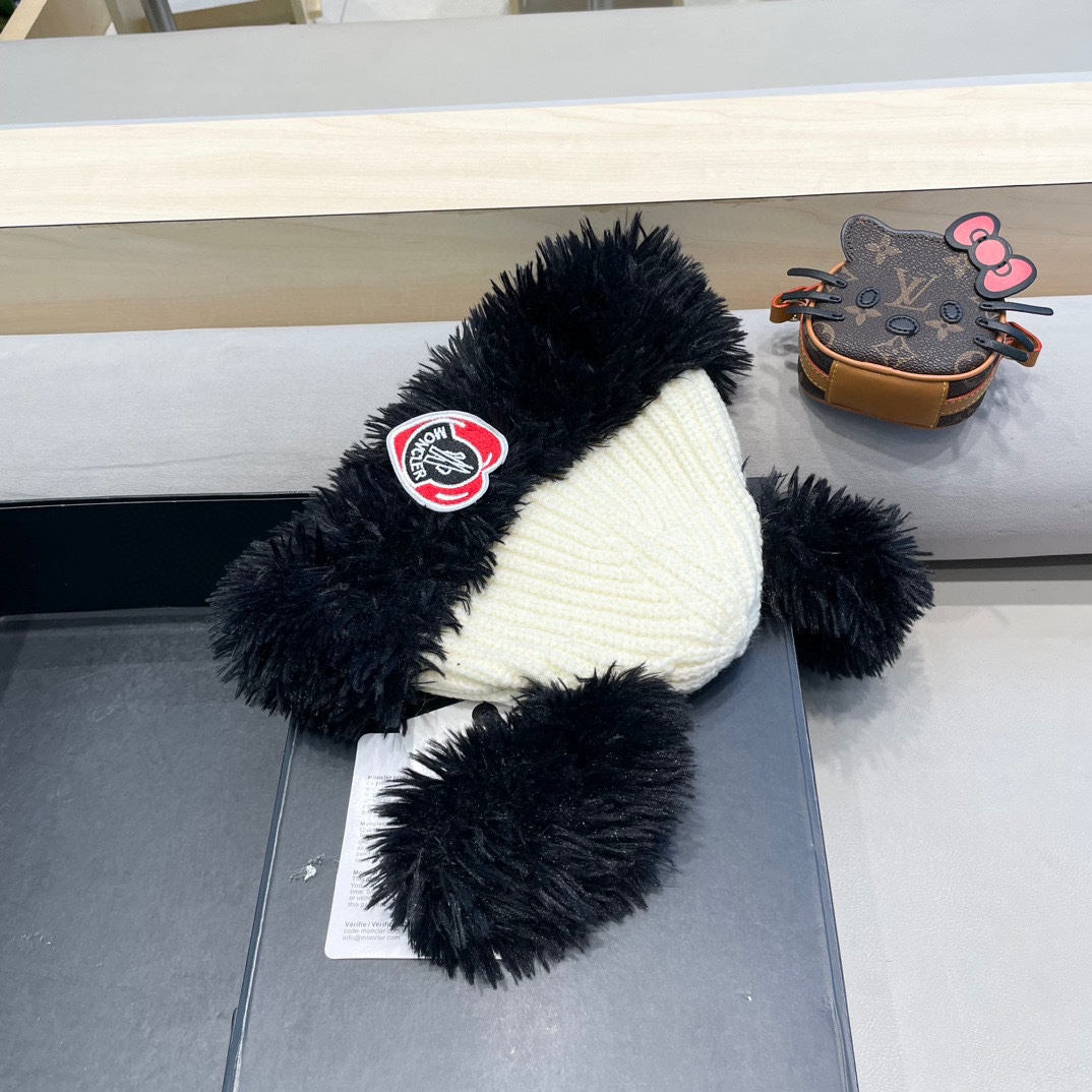 蒙口moncler可爱小狗耳朵毛绒针织毛线帽子女冬季加绒加厚保暖百搭护耳套头帽