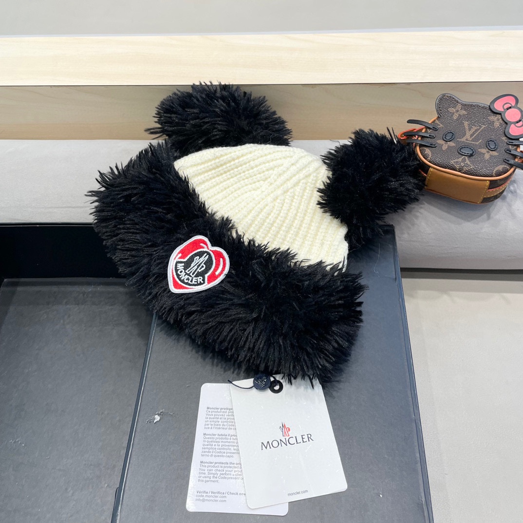 蒙口moncler可爱小狗耳朵毛绒针织毛线帽子女冬季加绒加厚保暖百搭护耳套头帽
