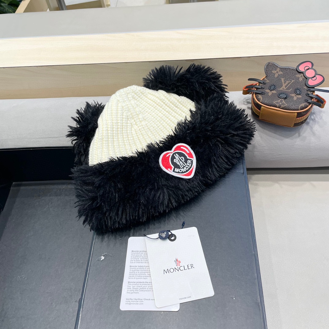 蒙口moncler可爱小狗耳朵毛绒针织毛线帽子女冬季加绒加厚保暖百搭护耳套头帽