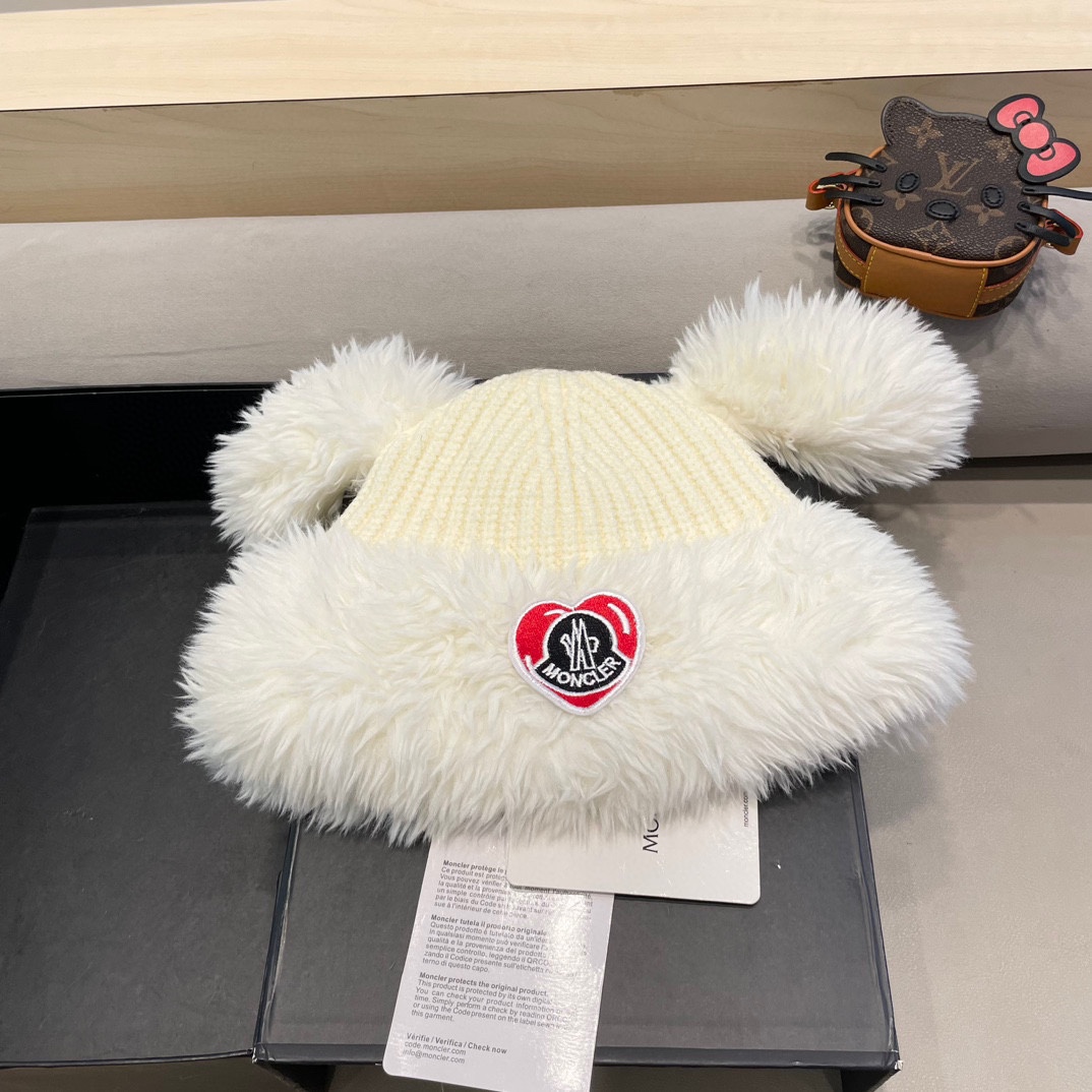 蒙口moncler可爱小狗耳朵毛绒针织毛线帽子女冬季加绒加厚保暖百搭护耳套头帽