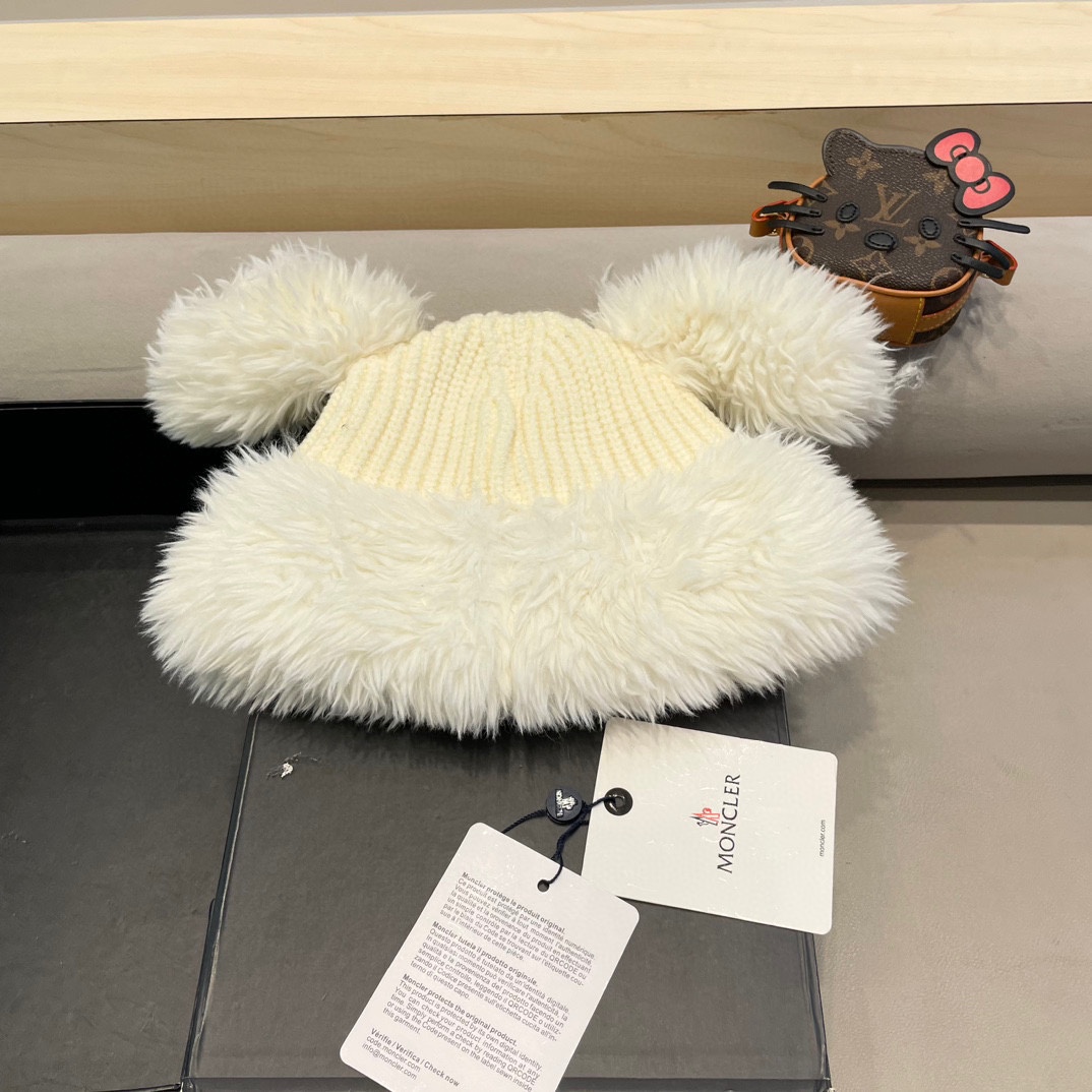 蒙口moncler可爱小狗耳朵毛绒针织毛线帽子女冬季加绒加厚保暖百搭护耳套头帽