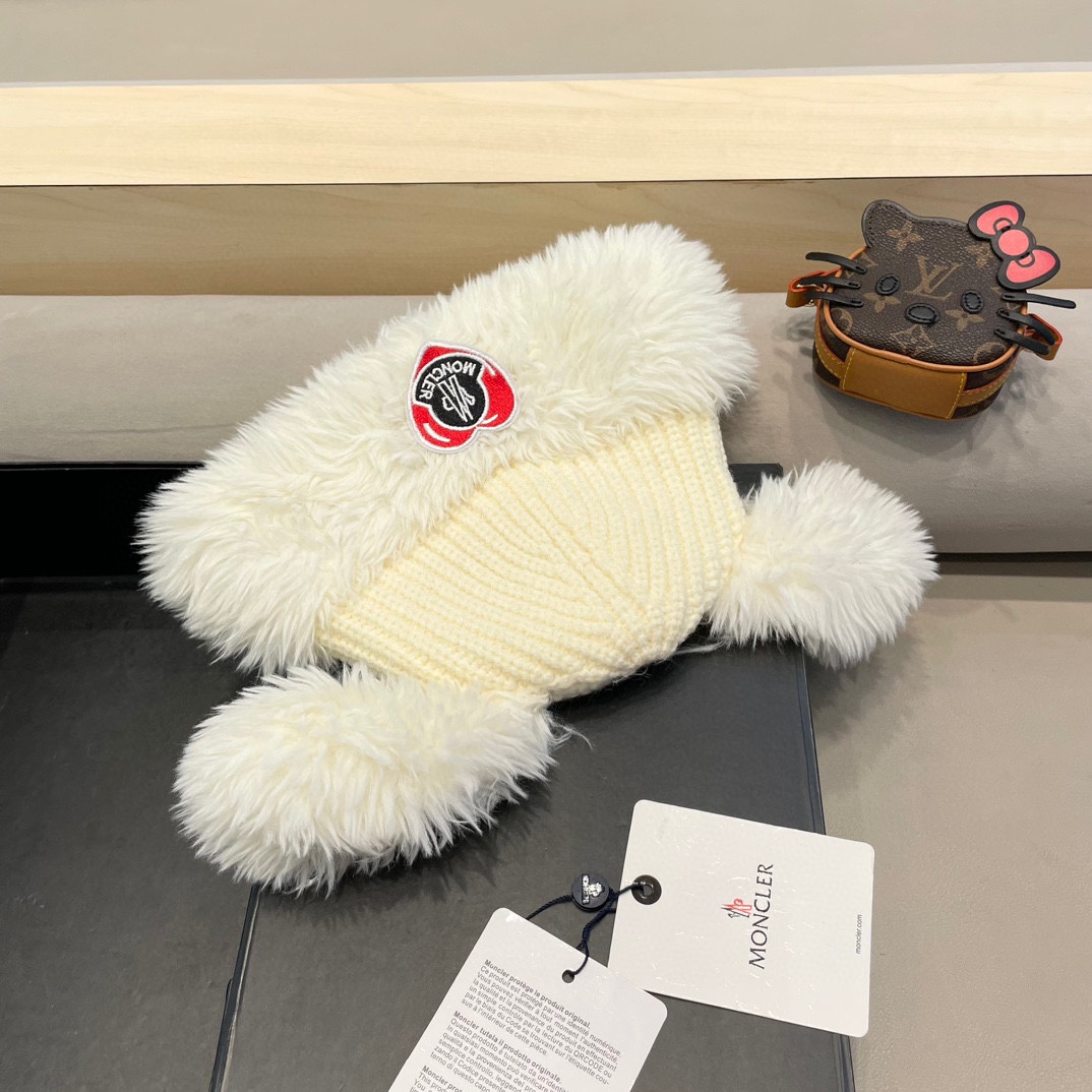 蒙口moncler可爱小狗耳朵毛绒针织毛线帽子女冬季加绒加厚保暖百搭护耳套头帽