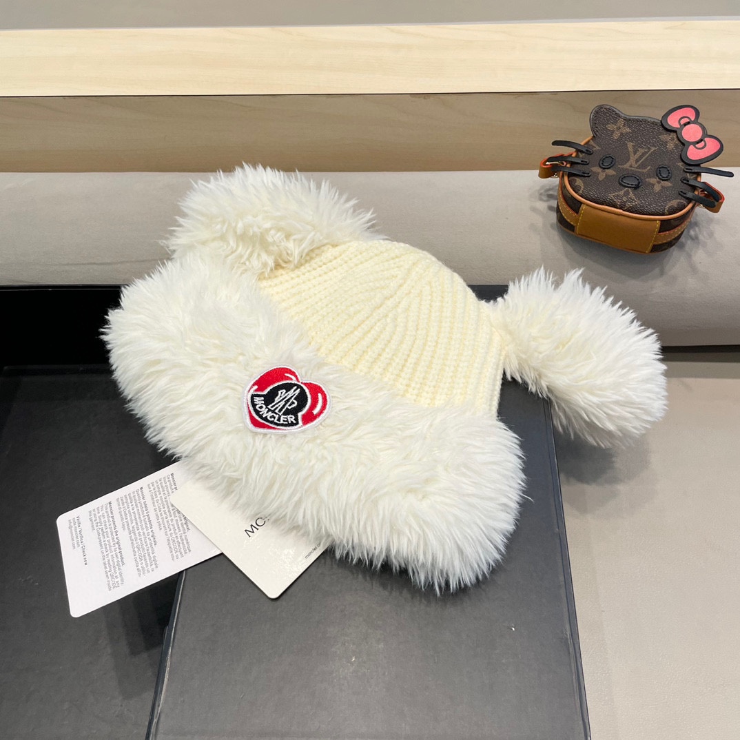 蒙口moncler可爱小狗耳朵毛绒针织毛线帽子女冬季加绒加厚保暖百搭护耳套头帽