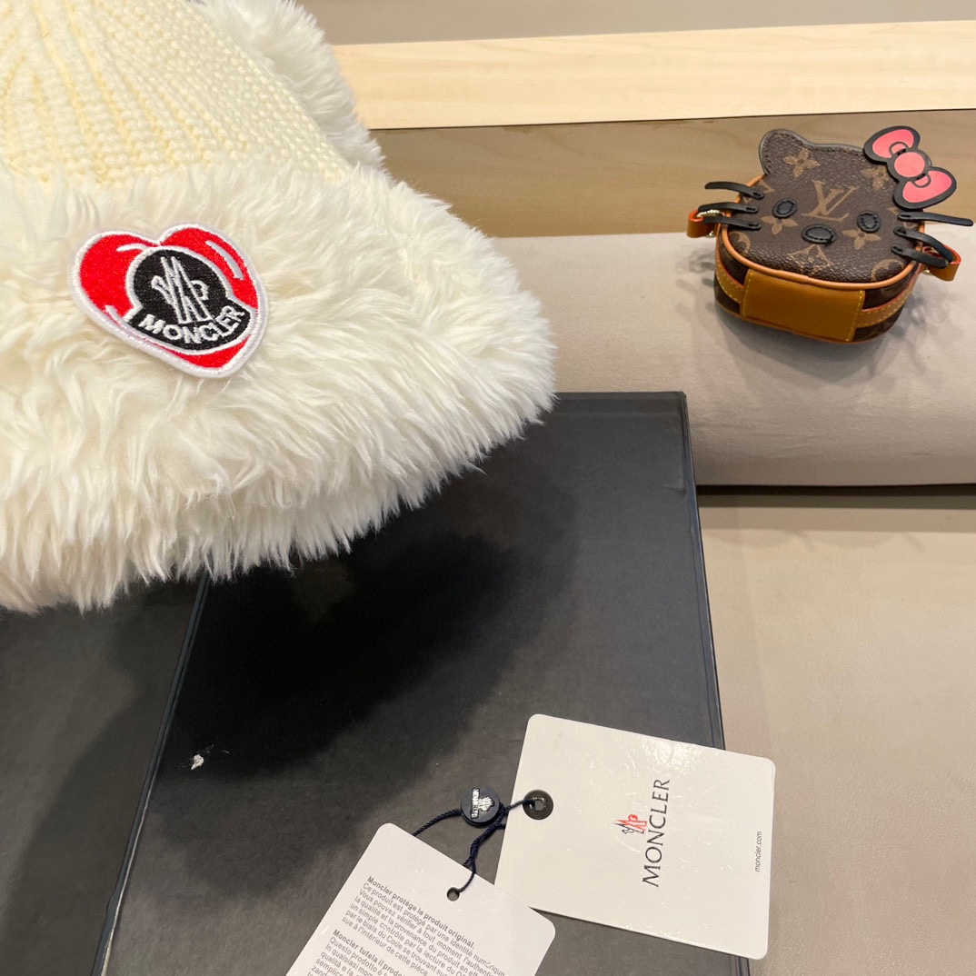 蒙口moncler可爱小狗耳朵毛绒针织毛线帽子女冬季加绒加厚保暖百搭护耳套头帽