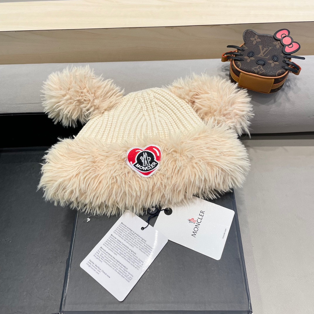 蒙口moncler可爱小狗耳朵毛绒针织毛线帽子女冬季加绒加厚保暖百搭护耳套头帽