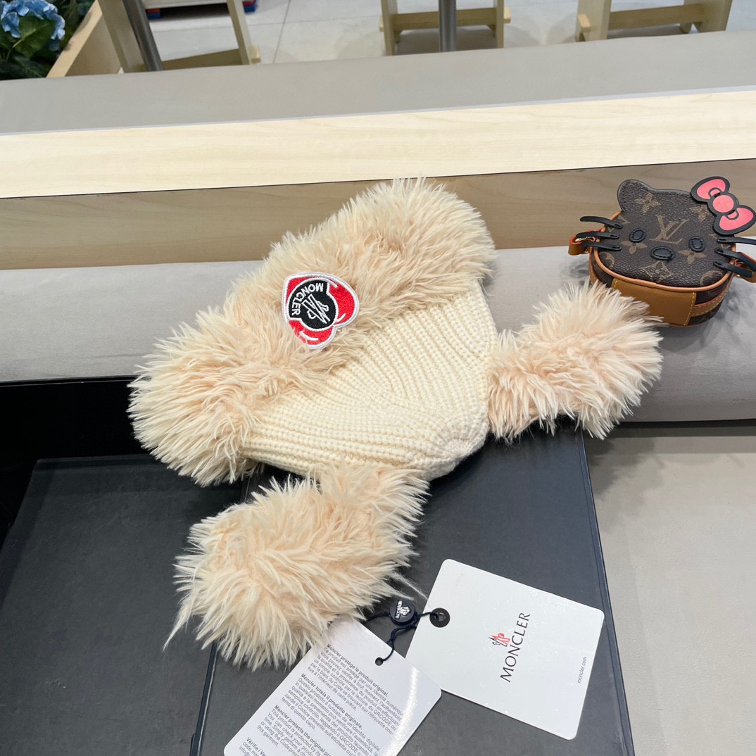 蒙口moncler可爱小狗耳朵毛绒针织毛线帽子女冬季加绒加厚保暖百搭护耳套头帽