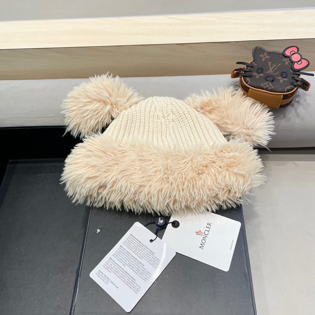 蒙口moncler可爱小狗耳朵毛绒针织毛线帽子女冬季加绒加厚保暖百搭护耳套头帽