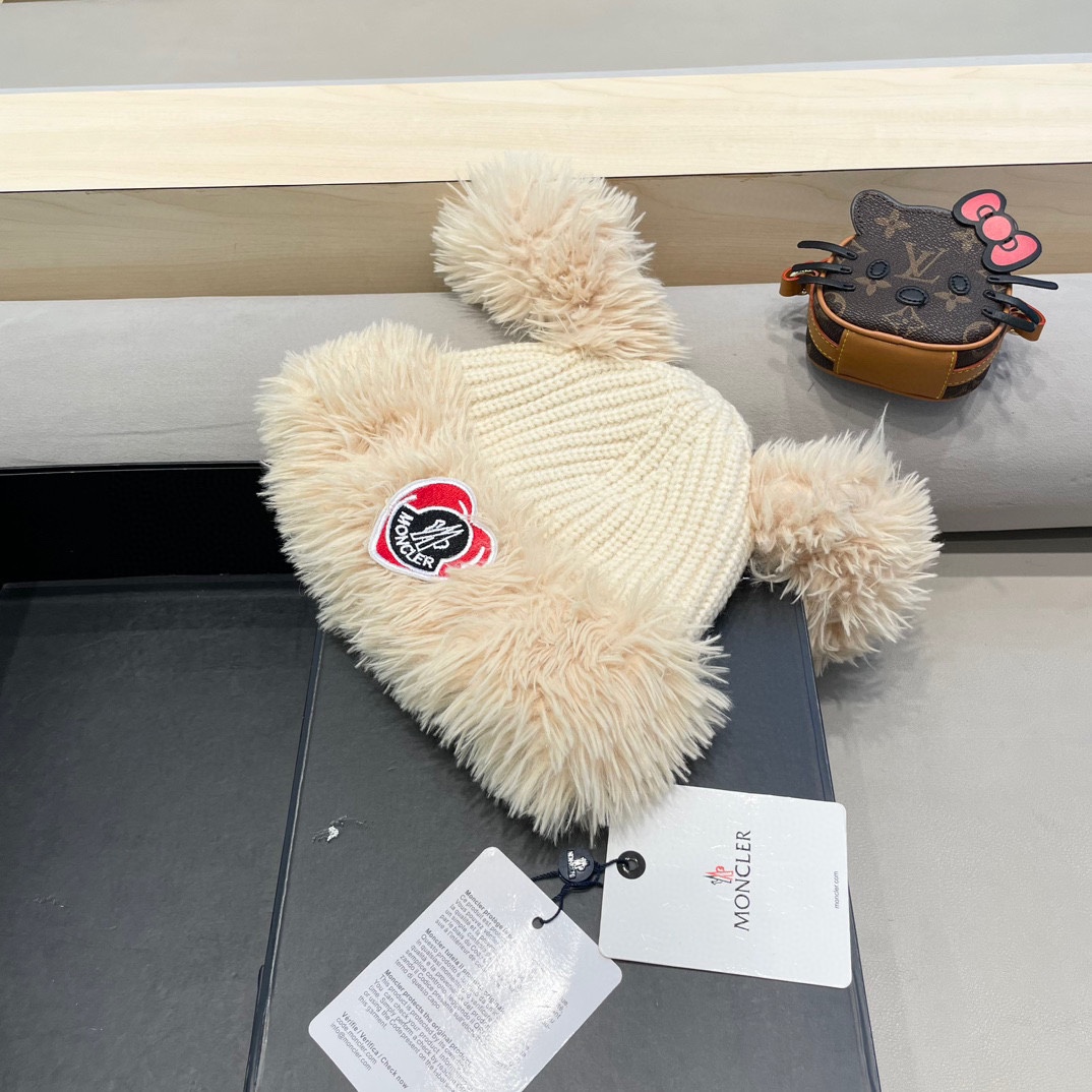 蒙口moncler可爱小狗耳朵毛绒针织毛线帽子女冬季加绒加厚保暖百搭护耳套头帽