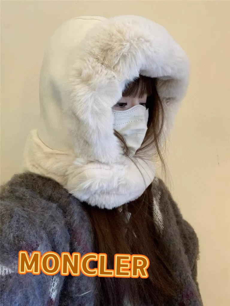 蒙口Moncler毛绒绒可爱雷锋帽女2024新款冬季加厚保暖麂皮绒护耳护颈套头帽子